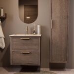 Modern donker eiken badkamermeubel 70 cm met twee lades en Mat Beige mineraalstenen wastafel