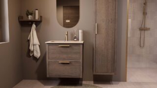 Modern donker eiken badkamermeubel 70 cm met twee lades en Mat Beige mineraalstenen wastafel