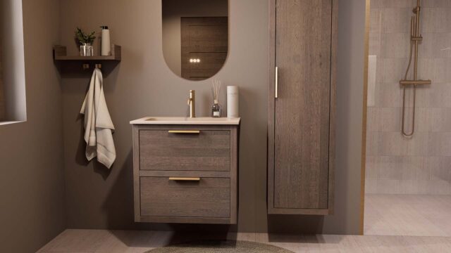 Modern donker eiken badkamermeubel 70 cm met twee lades en Mat Beige mineraalstenen wastafel