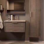 Modern donker eiken badkamermeubel 80 cm met één lade en Mat Beige mineraalstenen wastafel