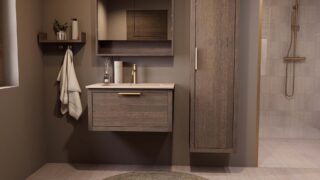 Modern donker eiken badkamermeubel 80 cm met één lade en Mat Beige mineraalstenen wastafel
