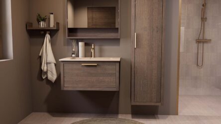 Modern donker eiken badkamermeubel 80 cm met één lade en Mat Beige mineraalstenen wastafel