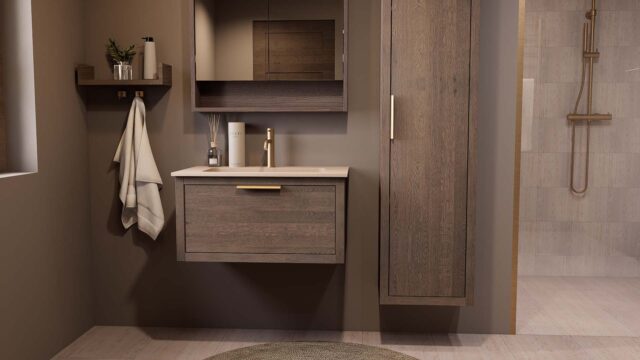 Modern donker eiken badkamermeubel 80 cm met één lade en Mat Beige mineraalstenen wastafel