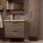 Modern donker eiken badkamermeubel 80 cm met twee lades en Mat Beige mineraalstenen wastafel