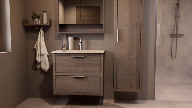 Modern donker eiken badkamermeubel 80 cm met twee lades en Mat Beige mineraalstenen wastafel