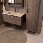 Modern donker eiken badkamermeubel 100 cm met één lade en Mat Beige mineraalstenen wastafel