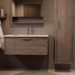 Modern donker eiken badkamermeubel 100 cm met één lade en Mat Beige mineraalstenen wastafel