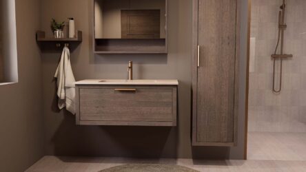Modern donker eiken badkamermeubel 100 cm met één lade en Mat Beige mineraalstenen wastafel