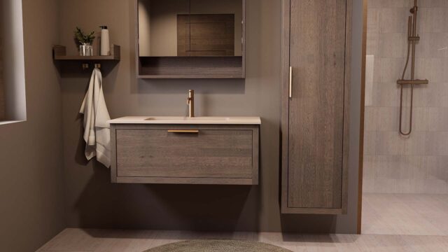 Modern donker eiken badkamermeubel 100 cm met één lade en Mat Beige mineraalstenen wastafel
