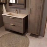 Modern donker eiken badkamermeubel 100 cm met twee lades en Mat Beige mineraalstenen wastafel
