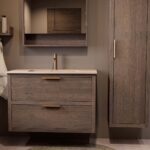 Modern donker eiken badkamermeubel 100 cm met twee lades en Mat Beige mineraalstenen wastafel
