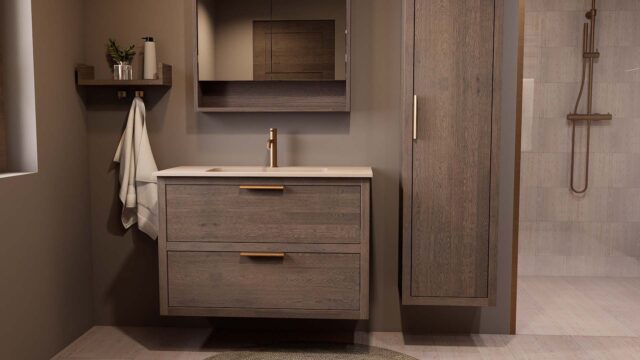 Modern donker eiken badkamermeubel 100 cm met twee lades en Mat Beige mineraalstenen wastafel