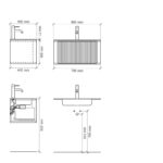 Rond hangend donker eiken badkamermeubel 80 cm met groevenfront en mat witte solid surface wastafel