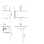 Rond hangend donker eiken badkamermeubel 160 cm met vlak front en dubbele mat witte solid surface wastafel