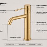 Stijlvolle lage wastafelkraan in geborsteld goud, ontworpen voor gebruik bij een badmeubel met wastafel. Voorzien van een duurzame PVD-coating, 5 jaar garantie en verkrijgbaar in 5 kleuren.