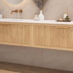 Hangend naturel eiken badkamermeubel 140 cm met één lade en dubbele mat witte mineraalstenen wastafel