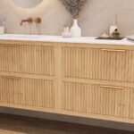 Hangend naturel eiken badkamermeubel 160 cm met één lade en dubbele mat witte mineraalstenen wastafel