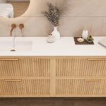 Hangend naturel eiken badkamermeubel 160 cm met één lade en dubbele mat witte mineraalstenen wastafel