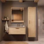Modern naturel eiken badkamermeubel 100 cm met één lade en Mat Beige mineraalstenen wastafel