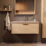 Modern naturel eiken badkamermeubel 100 cm met één lade en Mat Beige mineraalstenen wastafel