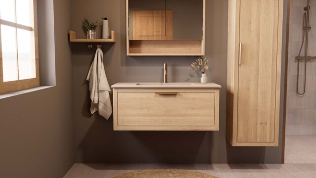Modern naturel eiken badkamermeubel 100 cm met één lade en Mat Beige mineraalstenen wastafel