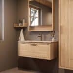 Modern naturel eiken badkamermeubel 100 cm met één lade en Mat Beige mineraalstenen wastafel