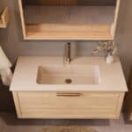Modern naturel eiken badkamermeubel 100 cm met één lade en Mat Beige mineraalstenen wastafel