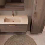 Modern donker eiken badkamermeubel 100 cm met één lade en Mat Beige mineraalstenen wastafel