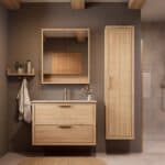 Modern naturel eiken badkamermeubel 100 cm met twee lades en Mat Beige mineraalstenen wastafel