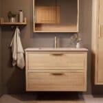 Modern naturel eiken badkamermeubel 100 cm met twee lades en Mat Beige mineraalstenen wastafel
