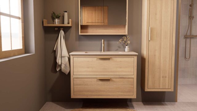 Modern naturel eiken badkamermeubel 100 cm met twee lades en Mat Beige mineraalstenen wastafel