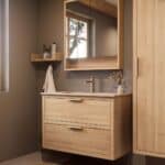 Modern naturel eiken badkamermeubel 100 cm met twee lades en Mat Beige mineraalstenen wastafel