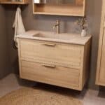 Modern naturel eiken badkamermeubel 100 cm met twee lades en Mat Beige mineraalstenen wastafel