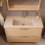 Modern naturel eiken badkamermeubel 100 cm met twee lades en Mat Beige mineraalstenen wastafel