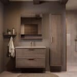 Modern donker eiken badkamermeubel 100 cm met twee lades en Mat Beige mineraalstenen wastafel