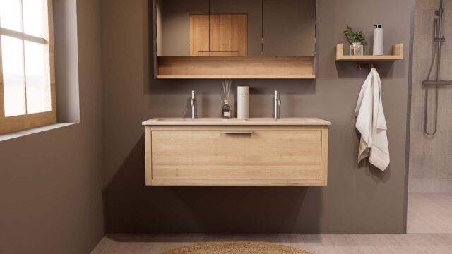 Hangend naturel eiken badkamermeubel 120 cm met één lade en dubbele Mat Beige mineraalstenen wastafel
