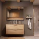 Hangend naturel eiken badkamermeubel 120 cm met twee lades en dubbele Mat Beige mineraalstenen wastafel
