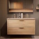 Hangend naturel eiken badkamermeubel 120 cm met twee lades en dubbele Mat Beige mineraalstenen wastafel
