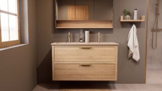 Hangend naturel eiken badkamermeubel 120 cm met twee lades en dubbele Mat Beige mineraalstenen wastafel