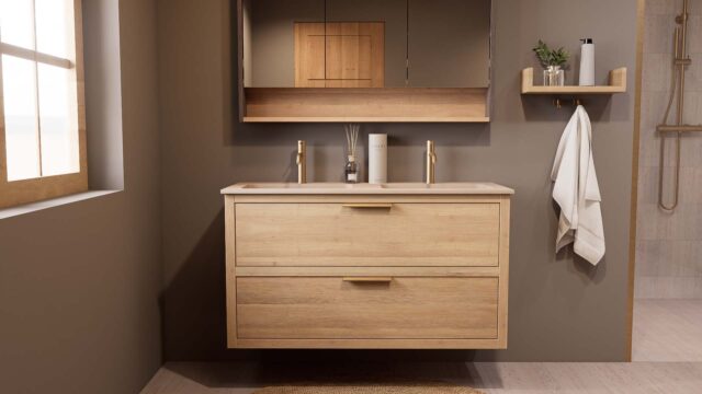 Hangend naturel eiken badkamermeubel 120 cm met twee lades en dubbele Mat Beige mineraalstenen wastafel