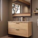 Hangend naturel eiken badkamermeubel 120 cm met twee lades en dubbele Mat Beige mineraalstenen wastafel