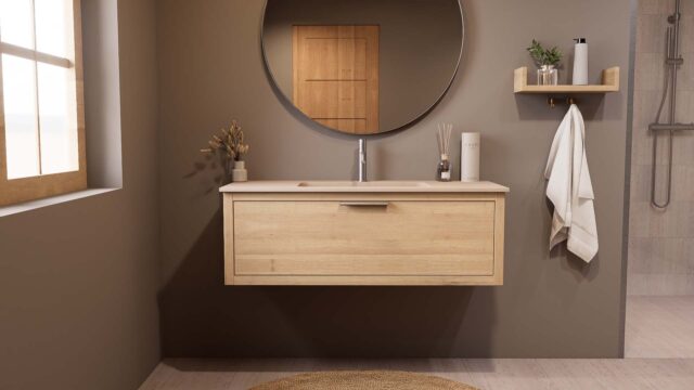 Hangend naturel eiken badkamermeubel 120 cm met één lade en Mat Beige mineraalstenen enkele wastafel