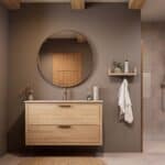 Hangend naturel eiken badkamermeubel 120 cm met twee lades en Mat Beige mineraalstenen enkele wastafel