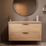 Hangend naturel eiken badkamermeubel 120 cm met twee lades en Mat Beige mineraalstenen enkele wastafel