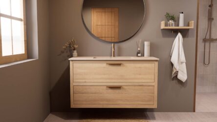 Hangend naturel eiken badkamermeubel 120 cm met twee lades en Mat Beige mineraalstenen enkele wastafel