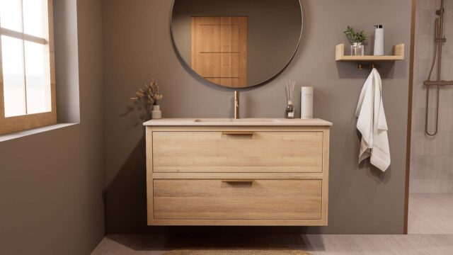 Hangend naturel eiken badkamermeubel 120 cm met twee lades en Mat Beige mineraalstenen enkele wastafel