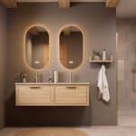 Modern naturel eiken badkamermeubel 140 cm met één lade en Mat Beige mineraalstenen wastafel