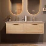 Modern naturel eiken badkamermeubel 140 cm met één lade en Mat Beige mineraalstenen wastafel
