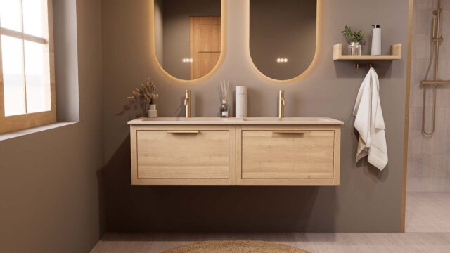 Modern naturel eiken badkamermeubel 140 cm met één lade en Mat Beige mineraalstenen wastafel