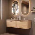 Modern naturel eiken badkamermeubel 140 cm met één lade en Mat Beige mineraalstenen wastafel